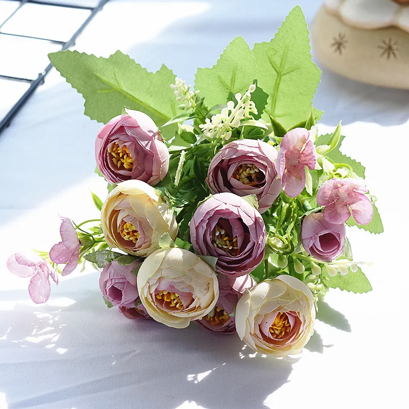 

15 цветов шелковые Чайные розы маленький букет для рождества дома свадьбы Новогоднее украшение Искусственные цветы розы искусственные цветы