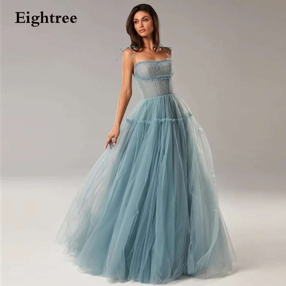

Light Dusty Blue/Pink A Line Spaghetti Straps Long Evening Prom Dresses Boat Neck Sleeveless Formal Party Gown Graduation Dress