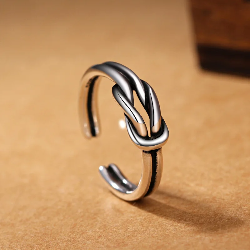

925 Sterling Silver New Retro Thai Silver Love Knotted Ring Woman Simple Fashion Open Ring Fine Jewelry Adjustable