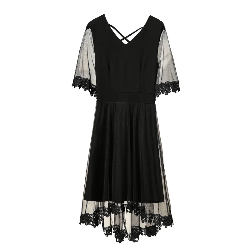 

2021 Plus Size Summer Black Gauze Dress For Women V-Neck Short Sleeve Lace Hook Flower Hollow Draped Elegant Party Dresses Robe