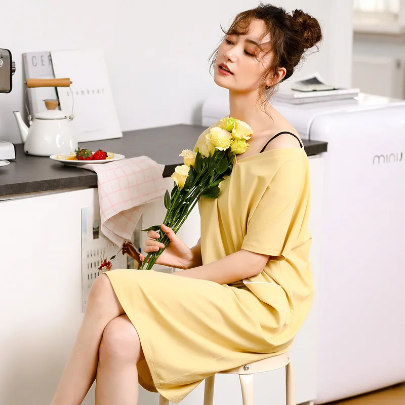 Solid Color Nightdress Women's Summer V-neck Short Sleeve Cotton Mid Length Nightdress Loose Women's All Cotton Home Wear