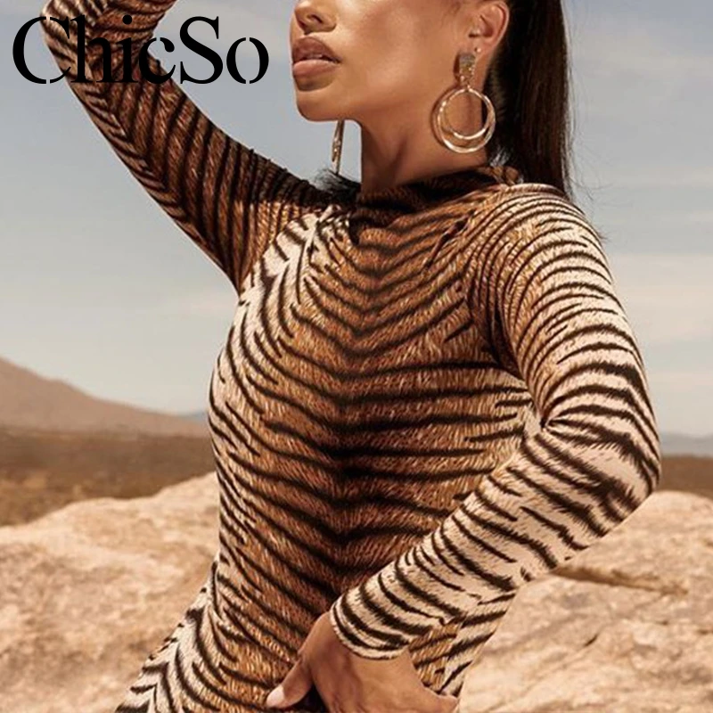 MissyChilli тигровый принт платье с длинным рукавом женское элегантное облегающее