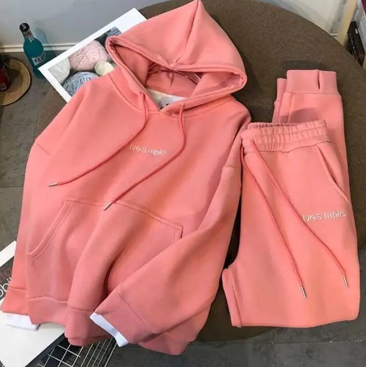 

Autumn and winter new suit thickened plus velvet pullover hooded women's suit sports and leisure two-piece trousers and leisure