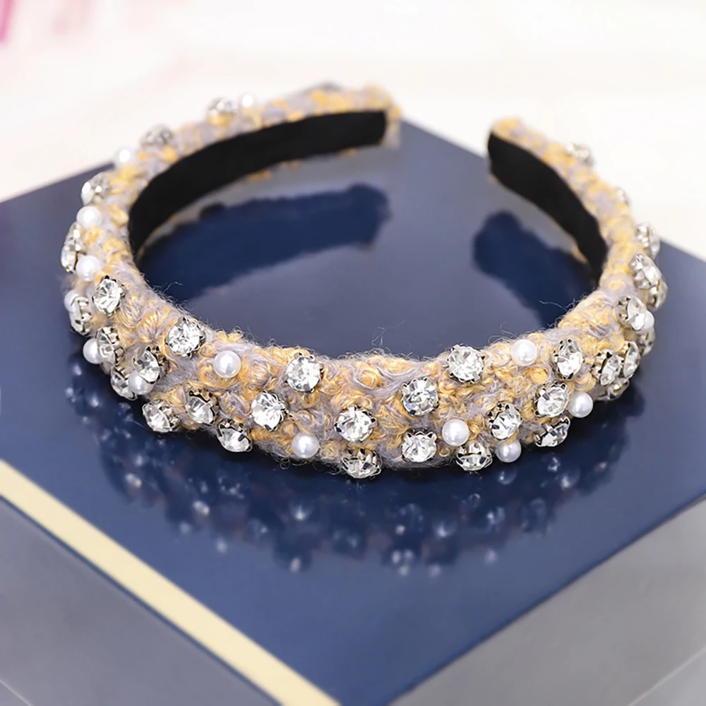 Levao Boutique повязка на голову с жемчугом и стразами для женщин аксессуары для волос модная лента для волос из овечьей шерсти ободок для головы обруч для волос головной убор - Цвет: Blue Yellow