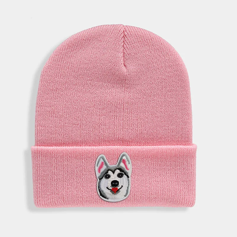 Huskies Hats Fashion Patches Sweet Beanie For Unisex Winter Brimless Stretchy Bonnet Solid Color Outdoor Cap Knitted Beanie - Цвет: Розовый