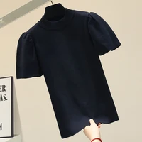 fashion o collar solid color sweater bottoming shirt womens puff sleeve thin pullover 2021 summer ice silk short sleeve