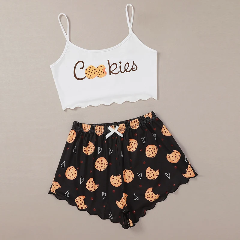 

Women Pajamas Cookies Letter Printed Crop Tops Shorts Two Pieces Sets Kawaii Women Pajama Sets