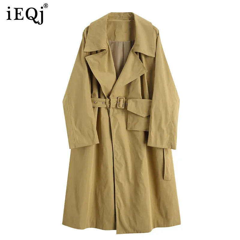 

IEQJ Women Temperament Irregular Tooling Mid-length With Tied Pockets Trench New Loose Fit Windbreaker Fashion Autumn 2021