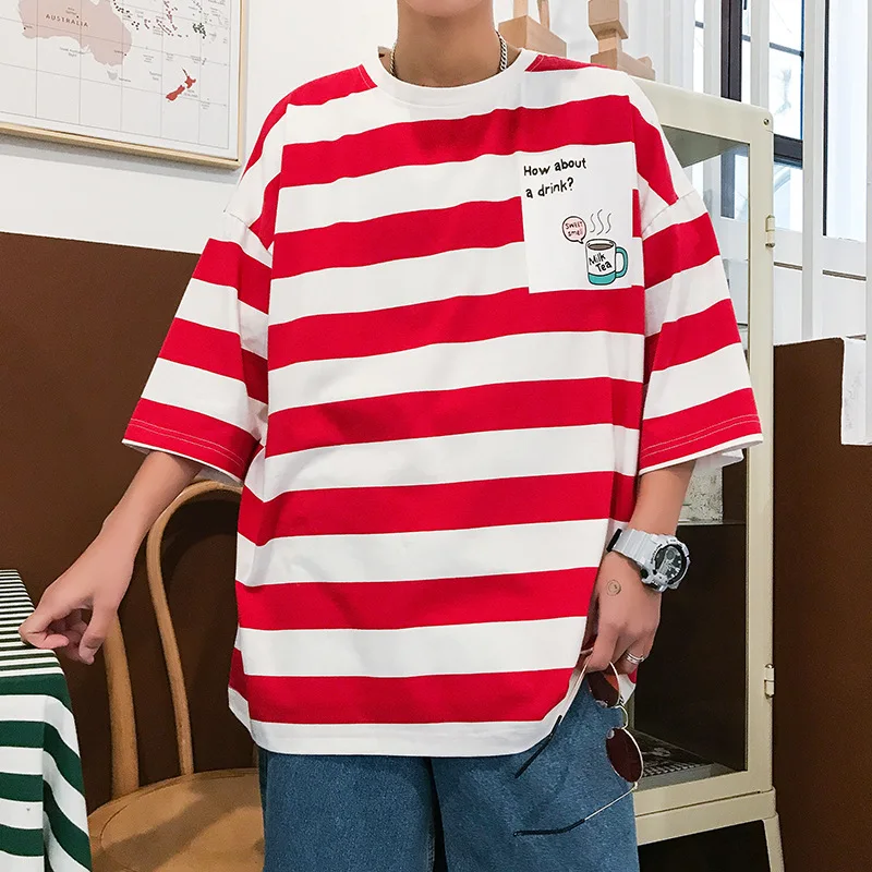 

2021 Summer Striped Shirt Couple Striped Printed Fashion Short Sleeve T-shirt Korean Version of the Large Size Bottoming Shirt T