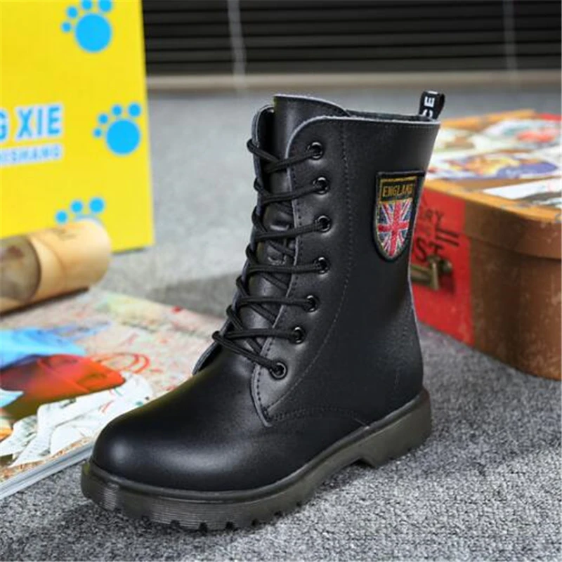 

Luxury classic Children Motorcycle boots Genuine leather Boy Girls Mid-Calf Military boots Autumn Winter Plush Snow boots 06A