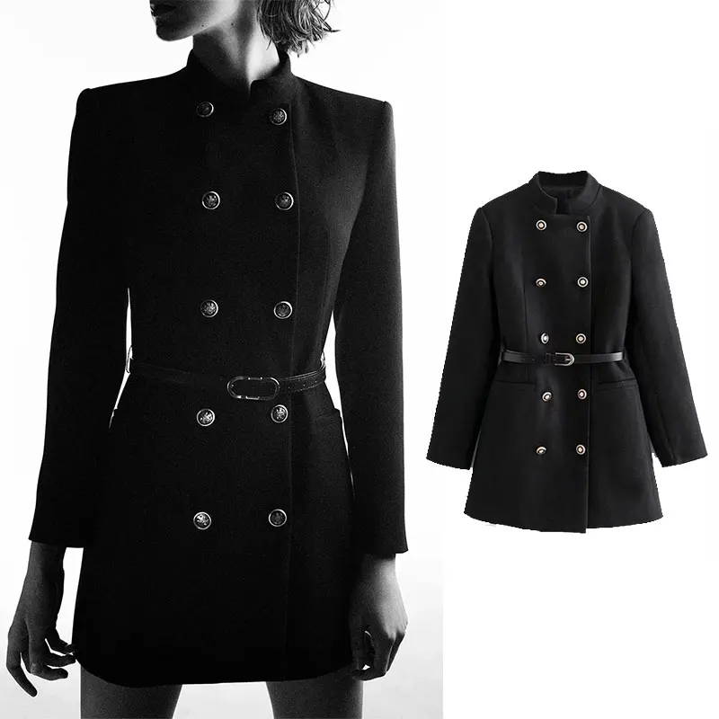 

PPYQYKX Za Cardigan Women 2021 Autumn winter Black bomber Vintage With belt Jackets clothing Coat Casual Long Sleeve Female Tops