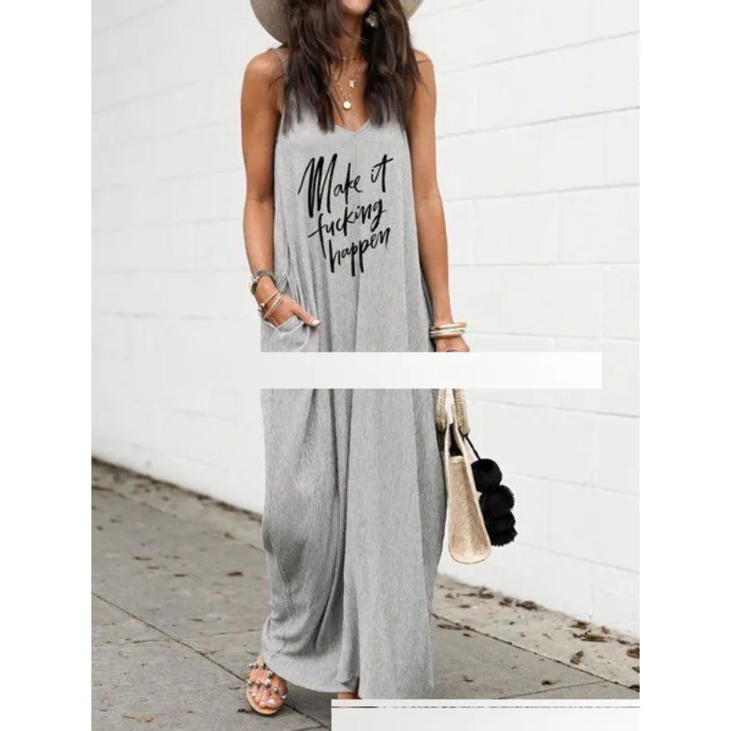 

women summer casual loose long maxi dress ladies sleeveless grey dresses