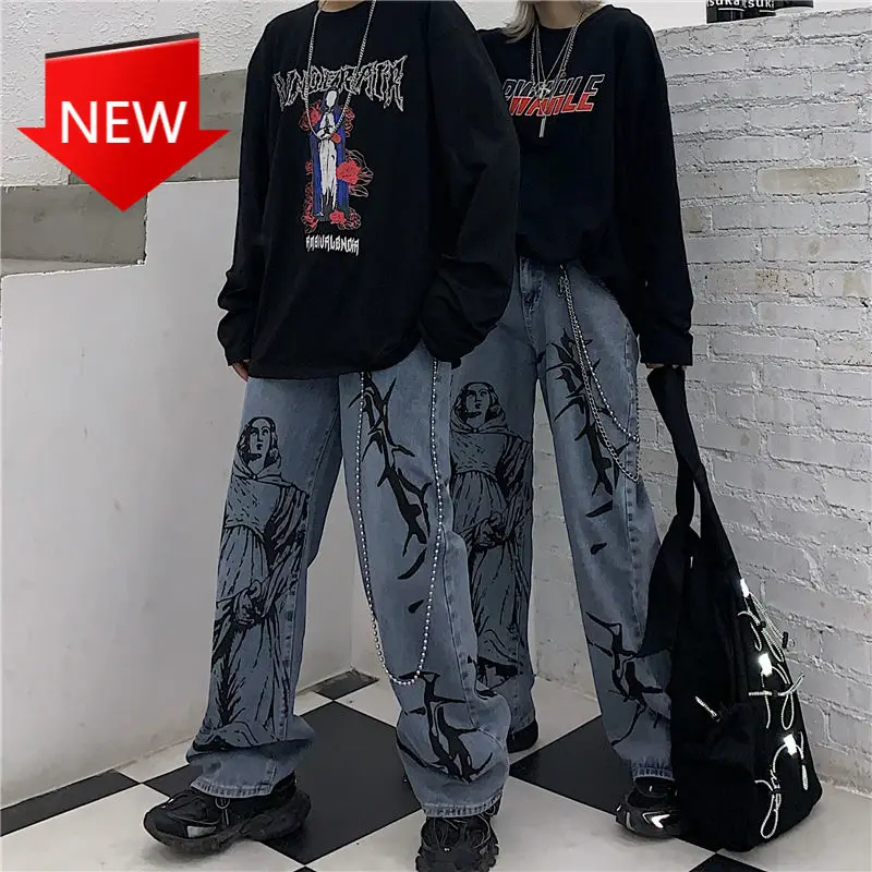 

Брюки женские джинсовые с широкими штанинами, уличная одежда с принтом в стиле хиппи, винтажные свободные штаны в Корейском стиле, уличная о...