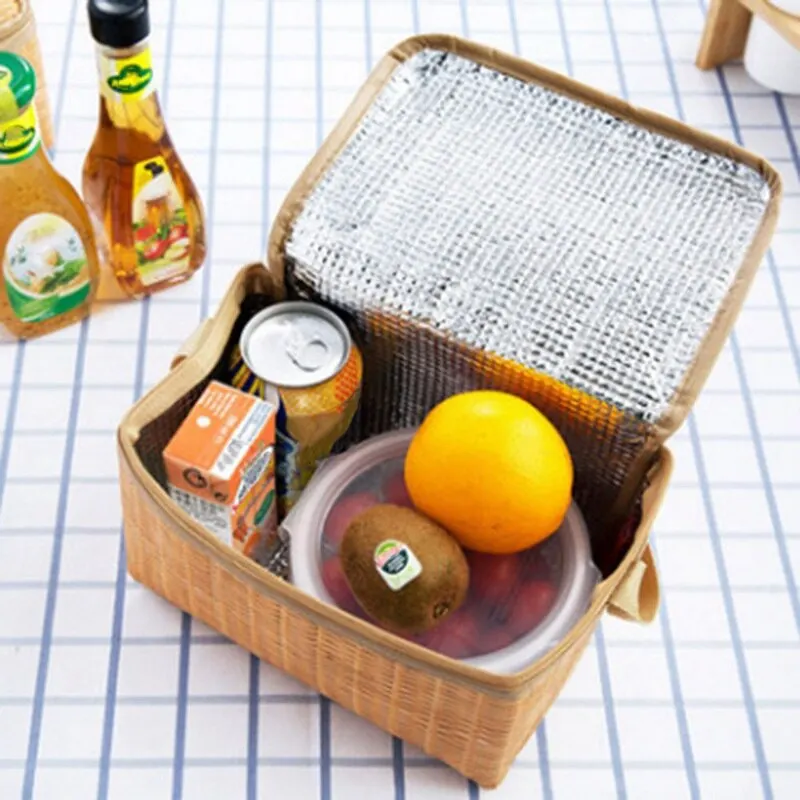 

Waterproof Handbag Picnic Portable Lunch Bag Insulated Thermal Cooler Lunch Box Imitation Rattan Storage Food Container Box