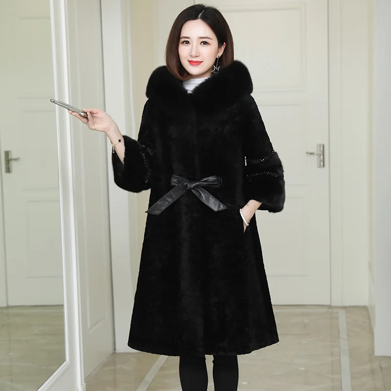 Женская Шуба из натурального меха зимняя шуба овчины куртка с воротником лисьего