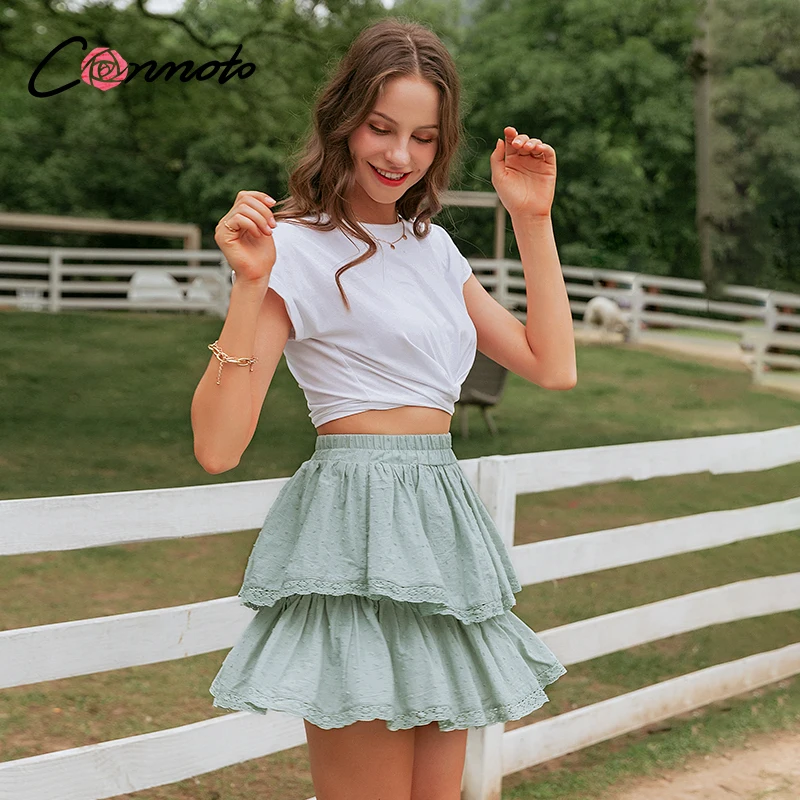 ConmotoБелая кружевная юбка в воланами короткая повседневная модная горошек для