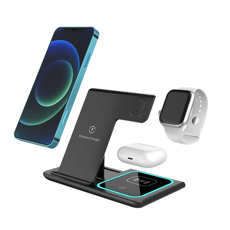 Soporte de cargador inal&aacute;mbrico QI 3 en 1 para iPhone 12, 11, XS, XR, 8, Apple Watch, Airpods Pro, 20W, estaci&oacute;n de carga r&aacute;pida para Samsung S21, S20-1