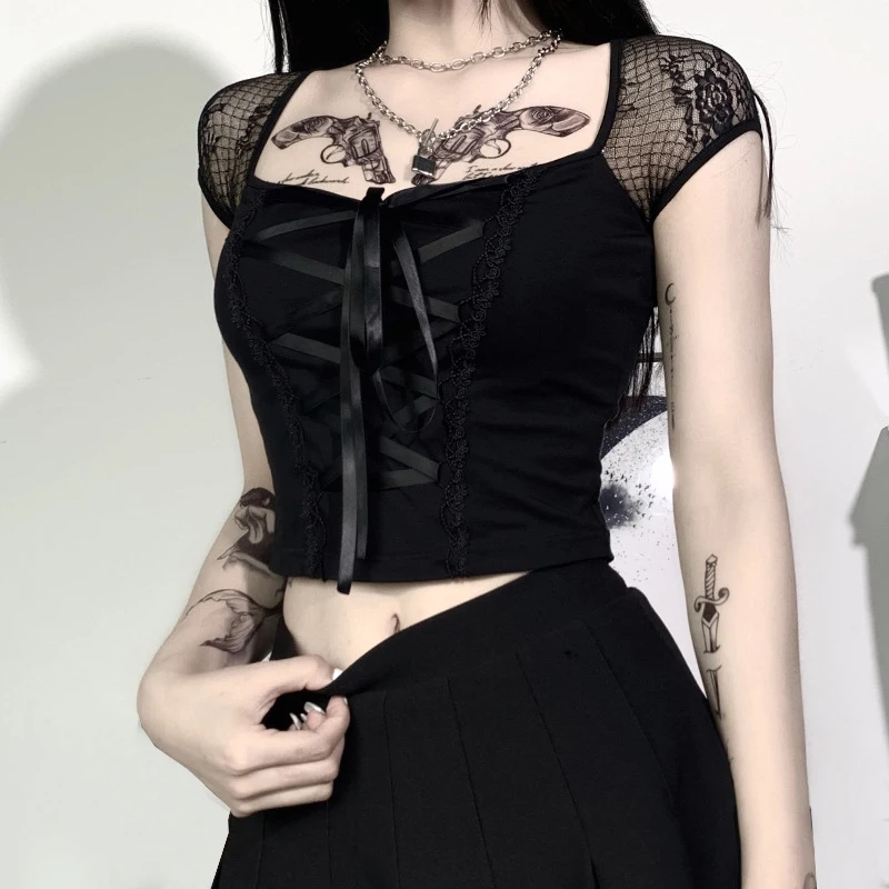 

Ladies Sexy Slim Gothic Lace Mesh Brazilian Summer Fashion Short Square Neck Tie Stitching Short Sleeve Top Vest Streetwear