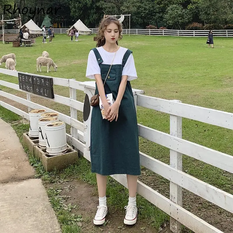 

Женское джинсовое платье на бретелях, однотонное, до середины икры, без рукавов, в стиле преппи, мешковатое, Клубное, в Корейском стиле, для с...