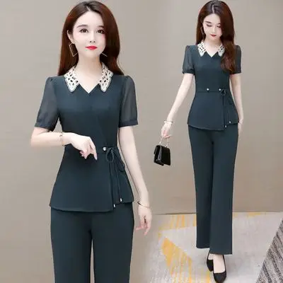 

Fashion wide leg pants suit spring summer new middle aged and elderly women's mother two piece fried street age reduction suit