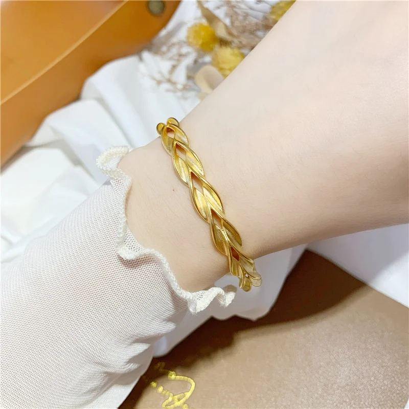 

Open Double Layer Wavy Women's 18K Gold Bracelet, Twist Shape, Indelible Sand Gold Luxury Bracelet Jewelry, Engagement Gift