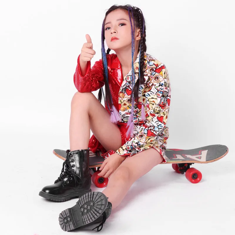 Детский костюм для джазовых танцев красная куртка с блестками в стиле хип-хоп |