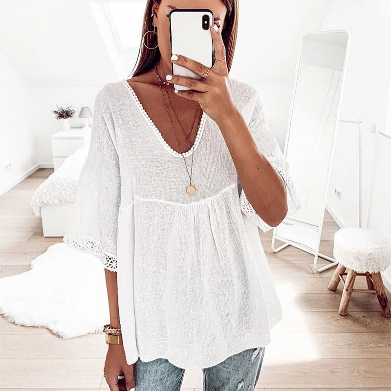 

Mandylandy Women Casual Fashion Summer Lace Patchwork Shirt Top Ladies Spring Summer Short Sleeve V Neck Loose T-shirt