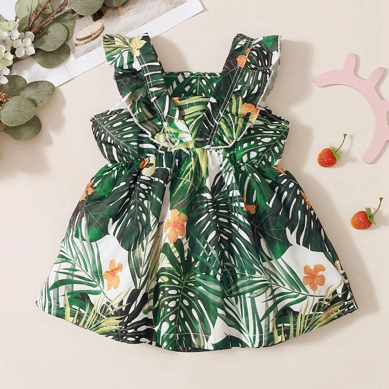 

Baywell Summer Baby Girl Clothes Princess Dress Toddler Green Leaf Print Flare Sleeve Design Dresses