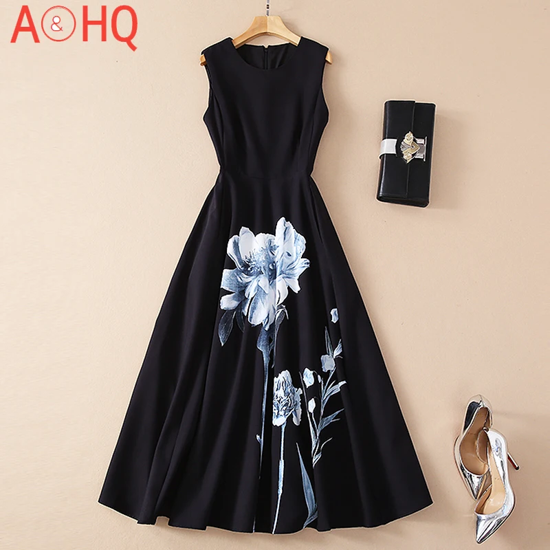 

Женское платье-миди с цветочным принтом, подиумное повседневное элегантное винтажное облегающее платье черного цвета без рукавов для вече...