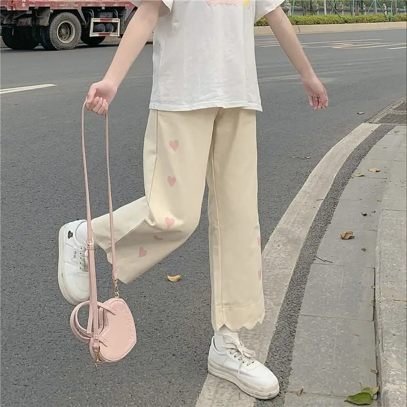 Autumn Loose Casual Cute College All-match High Street Kawaii Fashion Lovely Panta Pink Pants Women Harajuku Heart-print | Женская