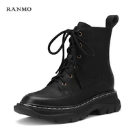 2021 new leather thick soled lace up khaki black martin boots wedge heel thick soled casual womens boots shoes for women
