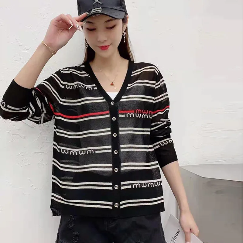 

UVRCOS Striped Letter Spring Thin Women's Cardigan 2021 New V-Neck Knitted Coat Blouse