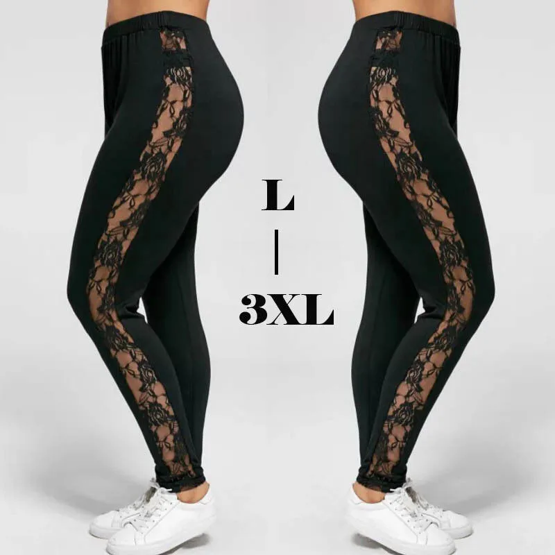 

Plus Size Sexy Women Holllow Out Lace Leggings Sexy High Waist Bandage Pants Insert Sheer Leggings Viscose Elastane