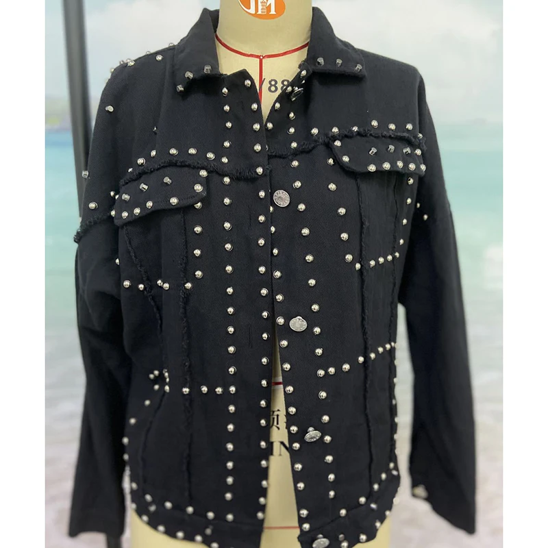 Куртка женская джинсовая с заклепками свободная уличная одежда шипами|Женские