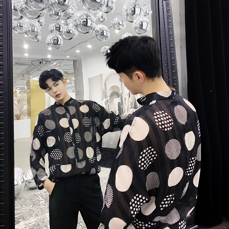 Men's Long-Sleeve Shirt Spring And Summer New Wave Point Gentleman Mature Stand Collar Leisure Loose Seven-Point Sleeve Shirt
