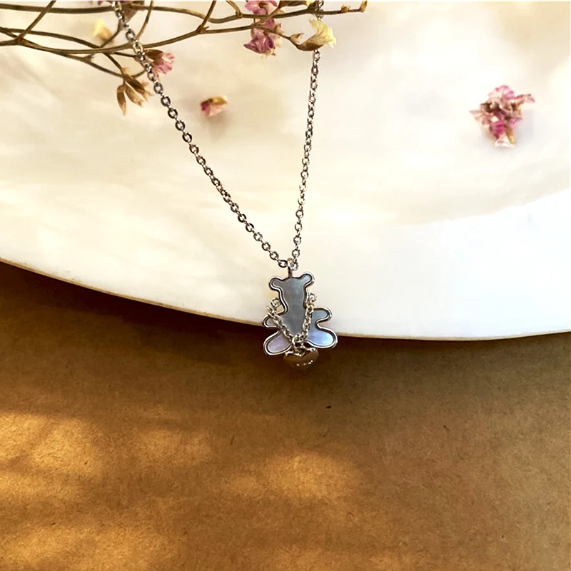 

New Trendy Fine Silver Little Bear Heart Pendant Chain Necklace for Women Accessories Korean Fashion Jewelry Birthday Party Gift