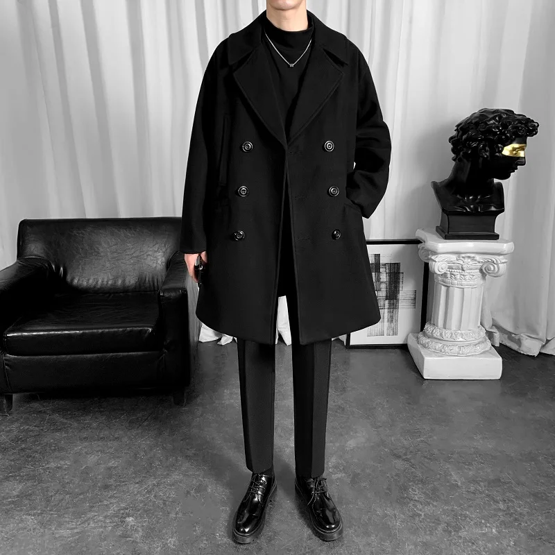 

New hot style in autumn and winter Hong Kong style ins woolen coat men's mid-length over-the-knee windbreaker jacket trendy men