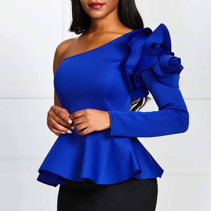 Синяя Женская блузка с косой горловиной на одно плечо тонкая рубашка оборками и