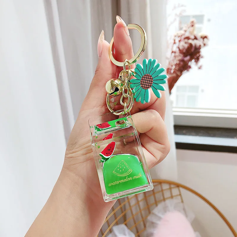 Floating Cute Watermelon Keyring Acrylic Bottle Keychain Moving Liquid Quicksand Fruit Key Ring for Women Bag Pendant Keyfob | Украшения и