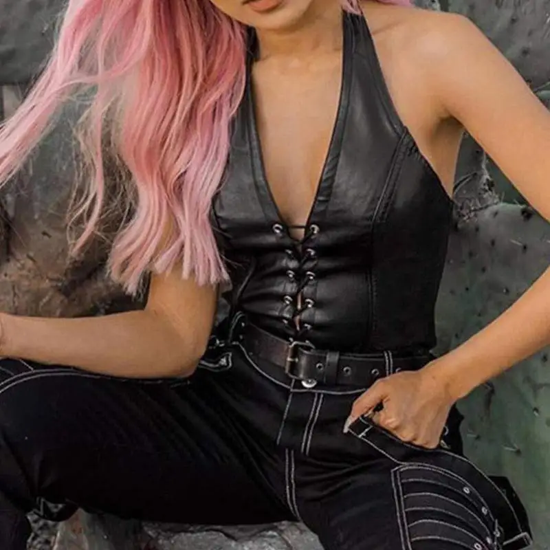 Топ женский кожаный без рукавов с перекрещивающимися лямками в готическом стиле