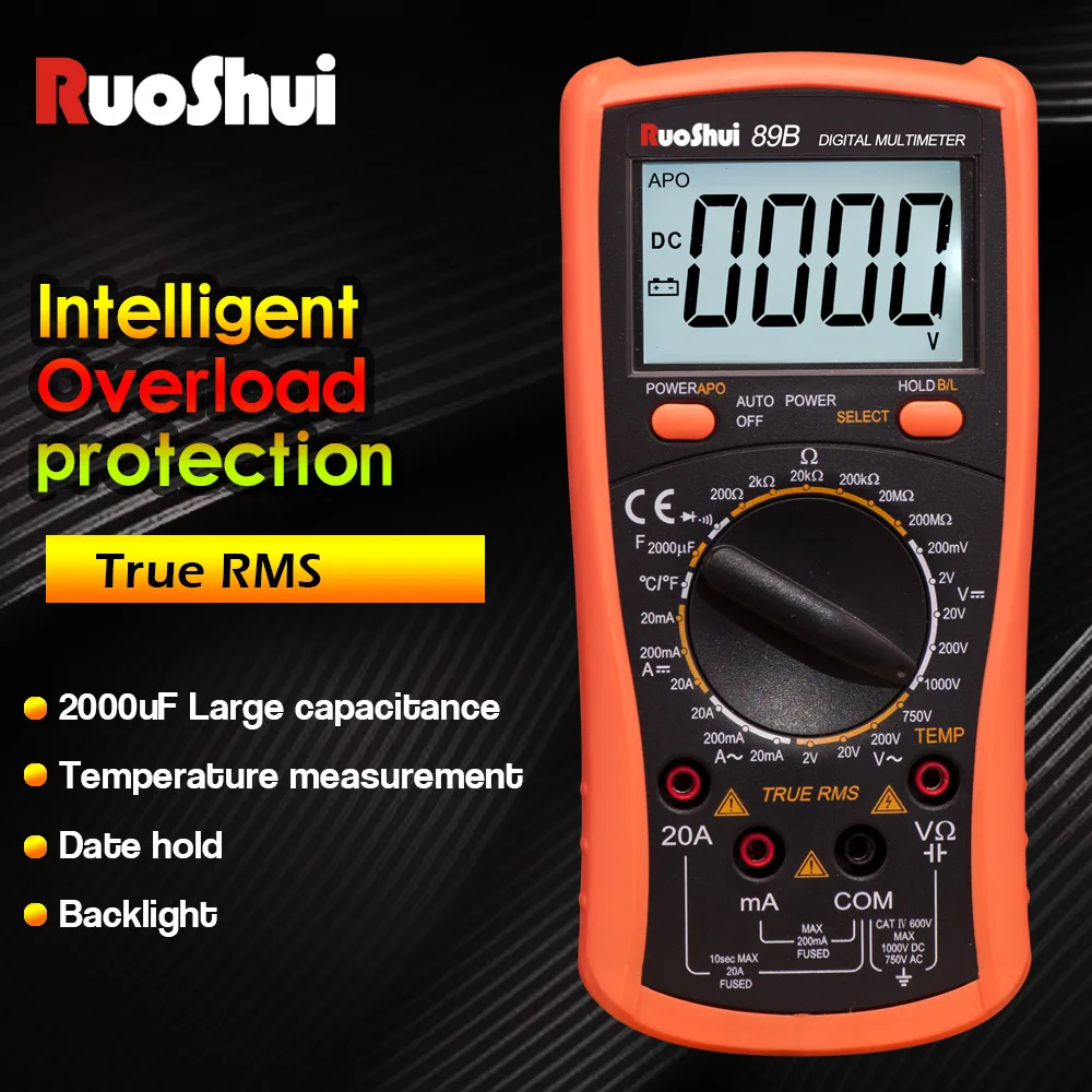 RuoShui 89B мультиметр True RMS Интеллектуальная защита от перегрузки 2000 отсчетов сопротивление Температура Емкость диод мультиметр