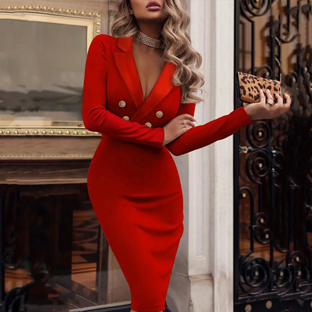 

Spring knee length Solid Bodycon Dress Women V Neck Button Long Sleeve Slim Office Lady Notched Elegant Even Gown Party Dresses