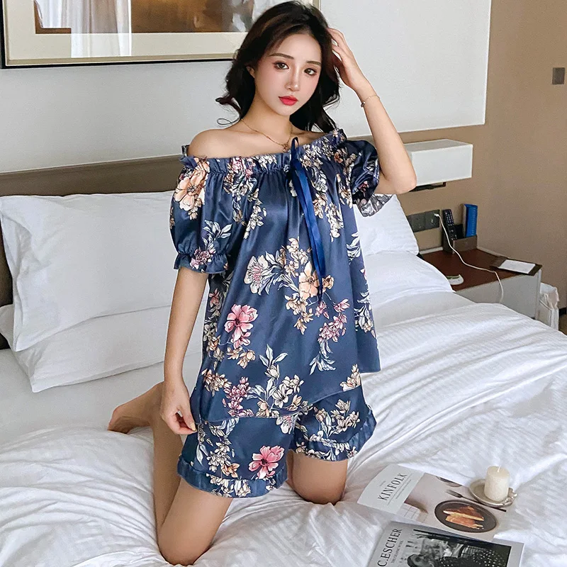 

Fresh Flower Grass Pajamas Women's Summer Short Sleeve Ice Korean Style Sexy Suit Thin Artificial Silk Spring and