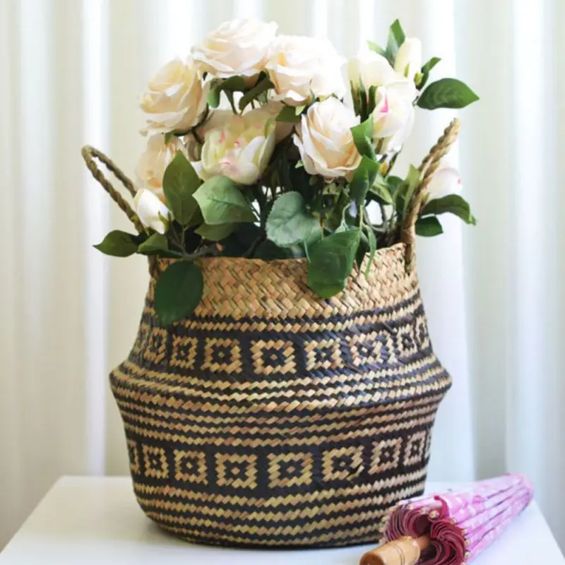 

Handmade Bamboo Storage Baskets Nordic Foldable Laundry Straw Wicker Rattan Seagrass Belly Garden Flower Pot Planter Basket