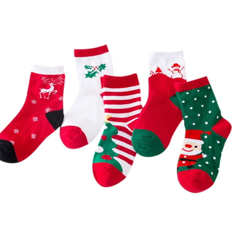 

5 Pairs Baby Girls Boys Kids Socks Cotton Spring Winter Autumn Children Striped Snowflake Elk Santa Claus Christmas Deer Printed