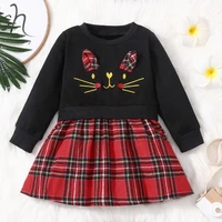 spring fall patchwork fake two kids dresses for girls big girls clothes plaid cute cat embroidery girls dress kids clothes 1 6y