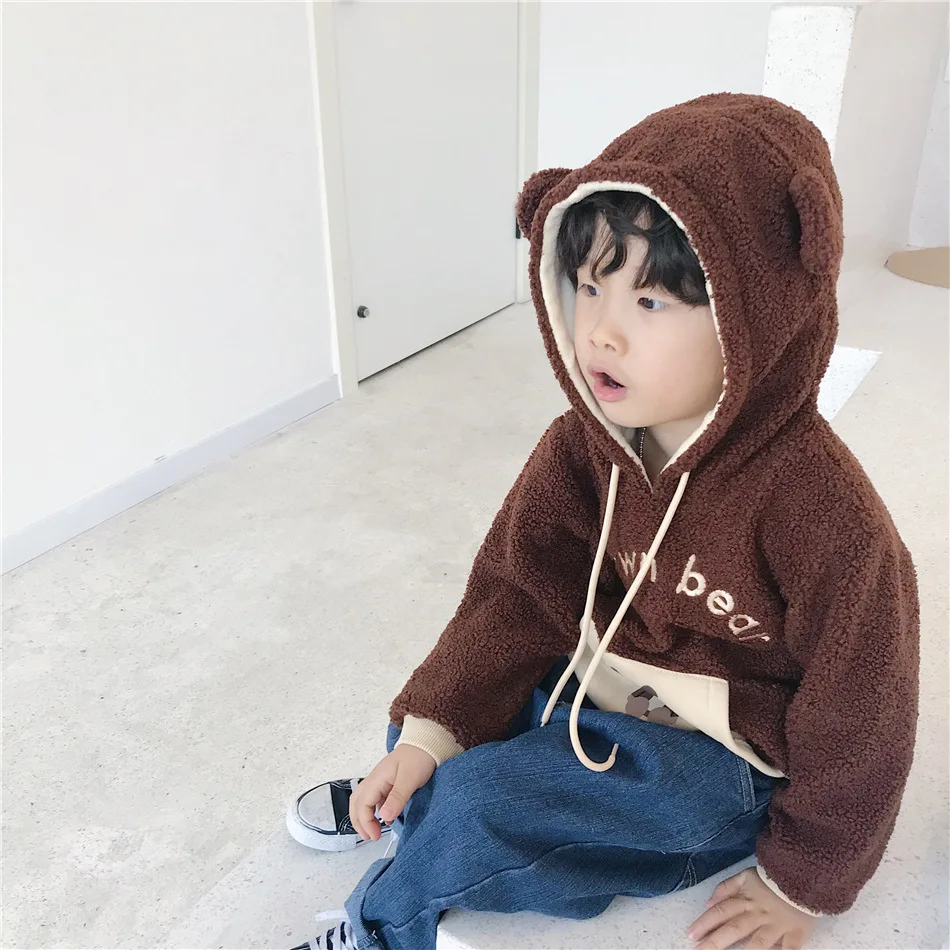 Tonytaobaby/Новинка; зимняя детская одежда для мальчиков и девочек; флисовая толстовка с капюшоном с изображением медведя и кролика