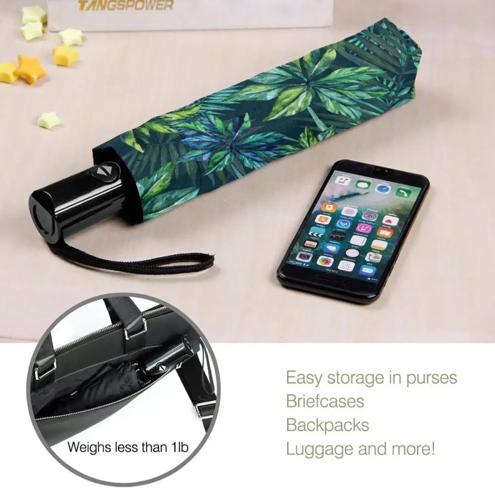 

Hibiscus Flowers And Palm Leaves On Dark Blue Windproof Automatic Folding Inverted Umbrella Portable Paraguas for Man Woman