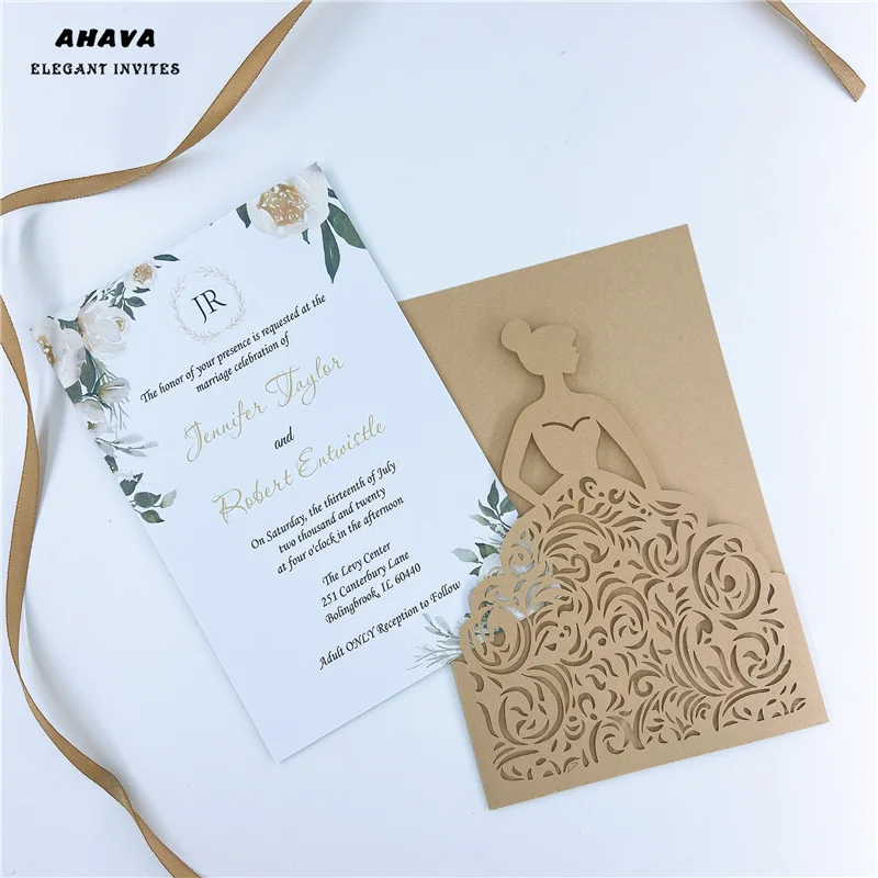 AHAVA 50× темно Золотая лазерная резка свадебные пригласительные открытки 4 девочки