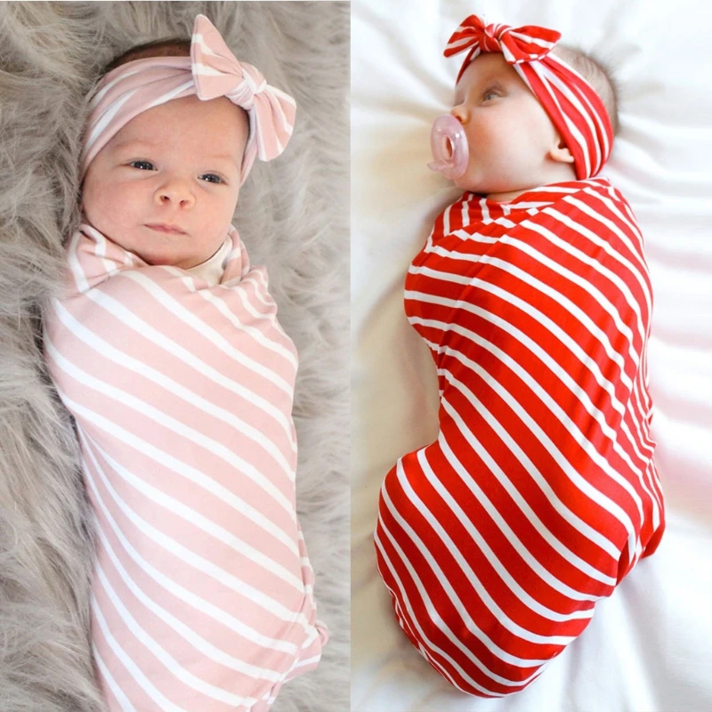 

Baby Stripe Pattern Receiving Blanket Headband Set Infant Muslin Swaddle Wrap